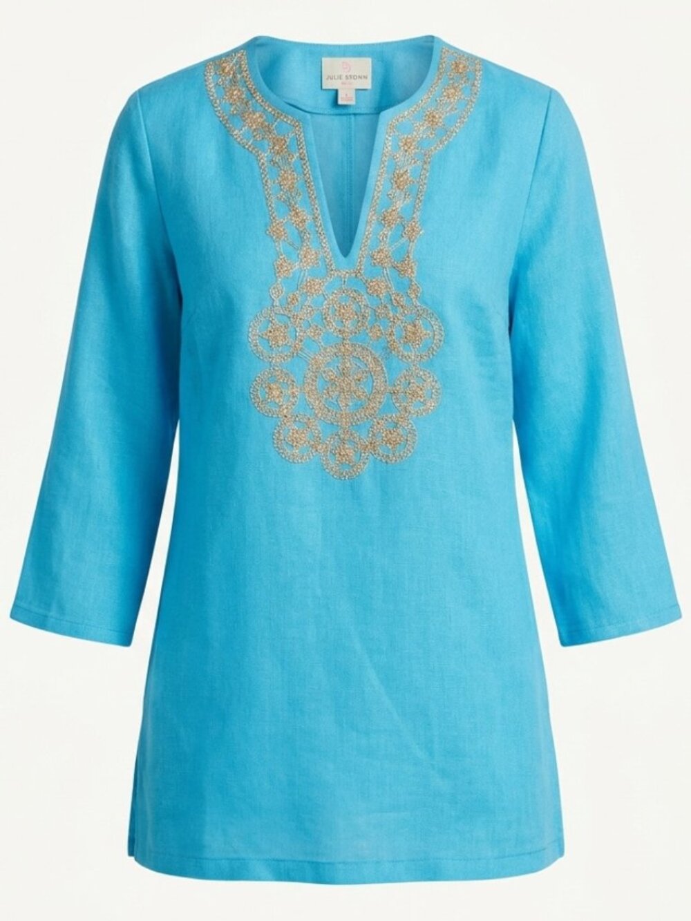 Julie Brown NYC Turquoise Blue Gold Embroidered V-Neck Tunic Top Size 8